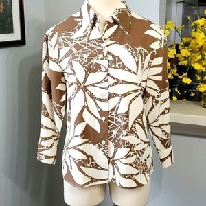BOBBY CHAN 70% SILK 30% cotton BLOUSE size large.  3/4 sleeves.  Cream and brown
